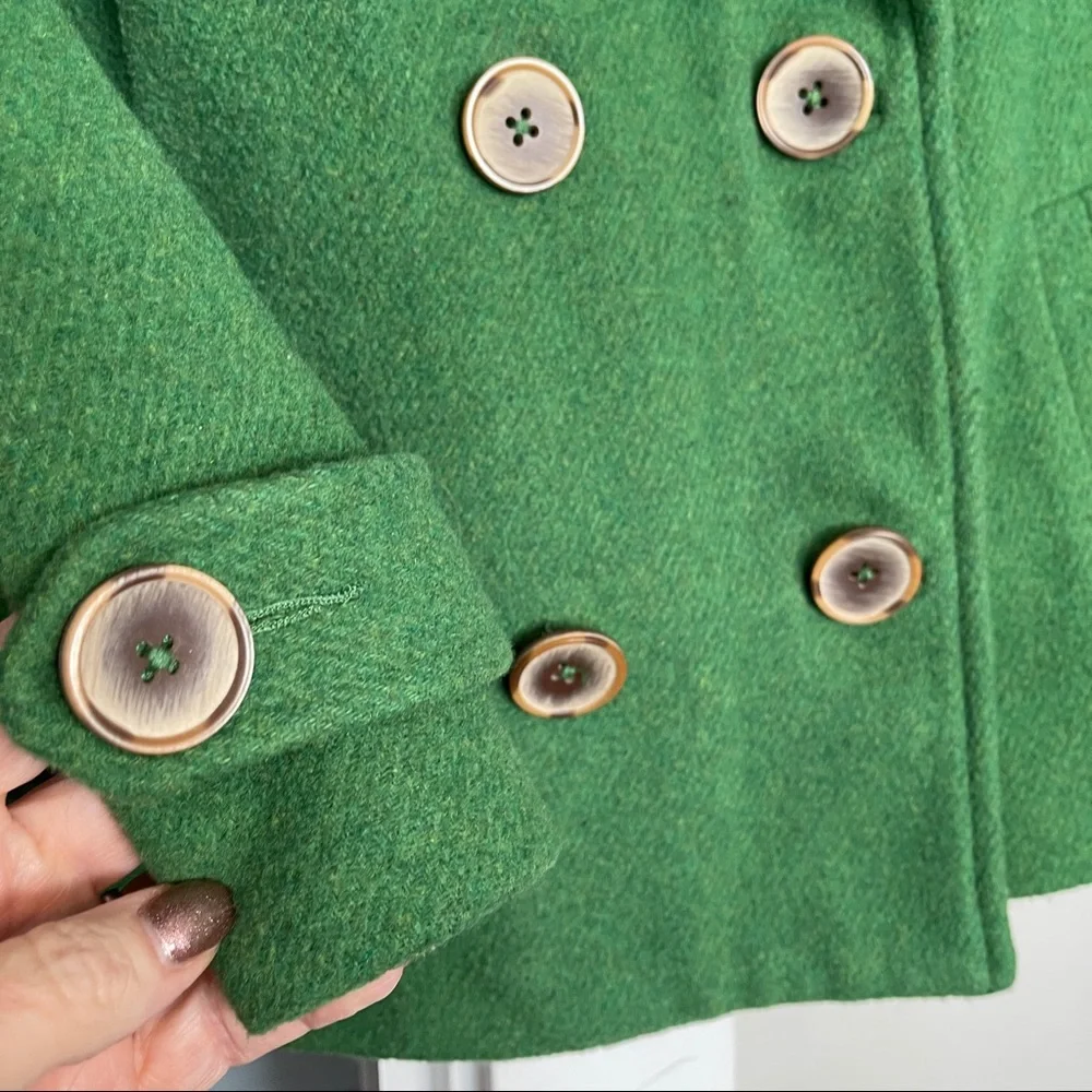 CAbi #659 Green Double- breasted Wool Blend Cropped Peacoat Size 8